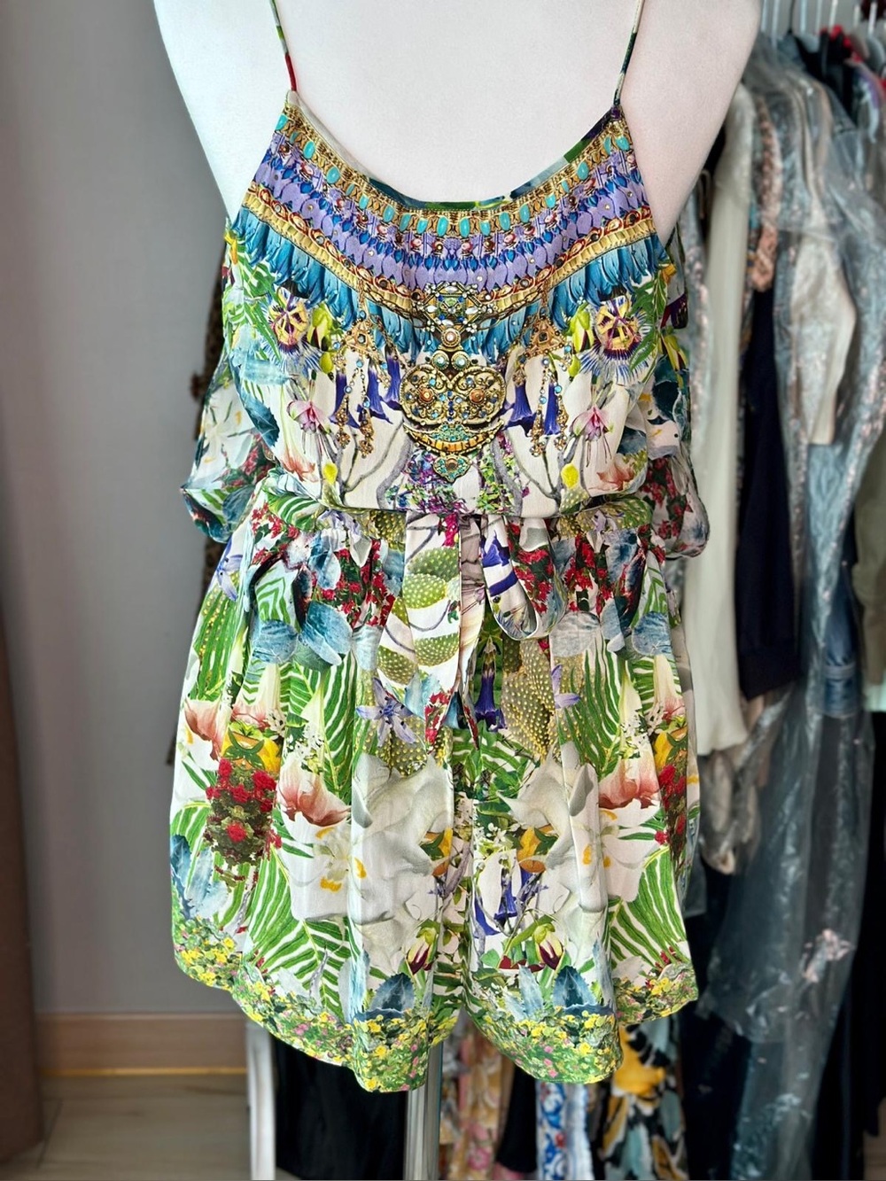 Camilla White Multi Floral Beaded-Trim Cami
